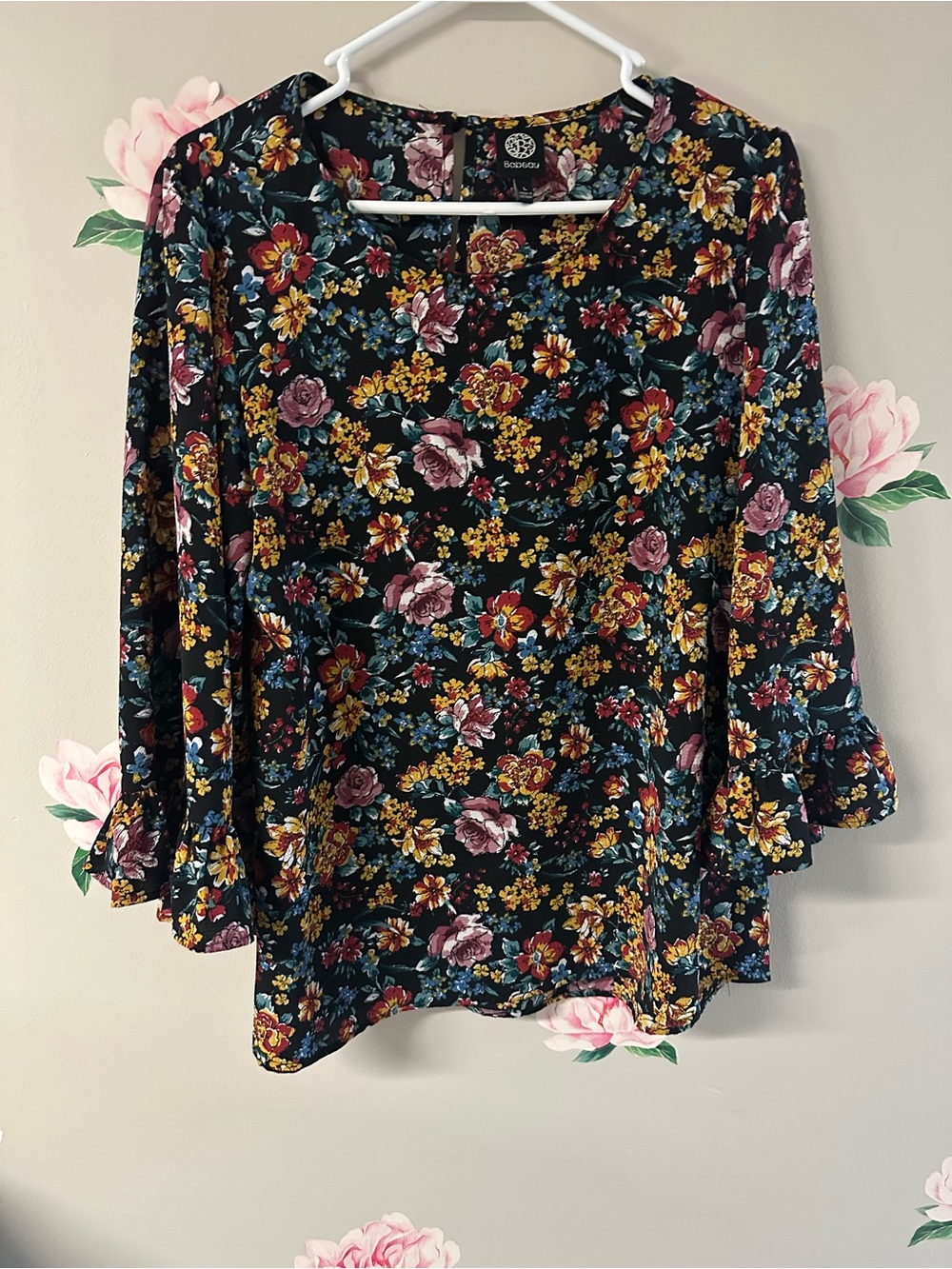 Renuar Black Floral Ruffle-Sleeve Tunic